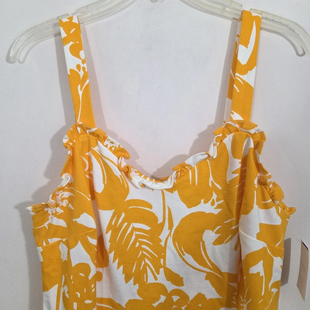 NWT Trina Turk Zile Dress Yellow Floral Size 12 Ruffle Sheath Sleeveless Midi - Picture 4 of 12